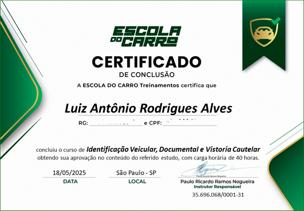 CERTIFICADO IDENTIFICAÇÃO VEICULAR, DOCUMENTAL E VISTORIA CAUTELAR