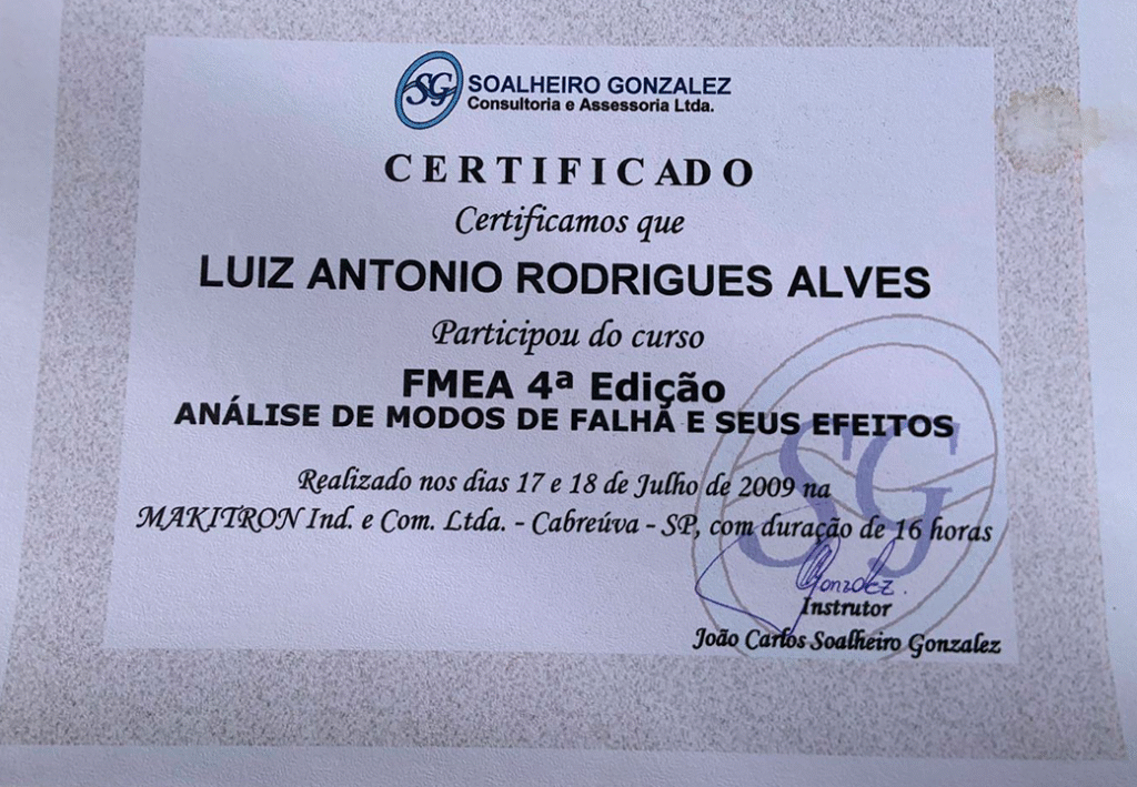CERTIFICADO DE FMEA ANÁLISE DE MODOS DE FALHA E SEUS EFEITOS