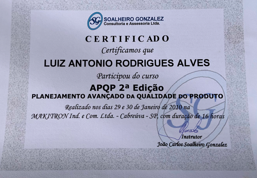 CERTIFICADO EPQP DE PLANEJAMENTO AVANÇADO DE QUALIDADE DO PRODUTO